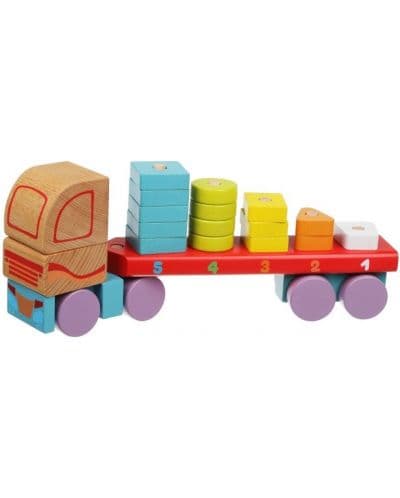 Дървена играчка за нанизване Cubika - Автовоз, сортер на геометрични форми