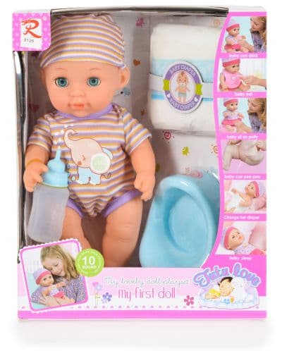 Пишкаща кукла Moni Toys - С раирана дрешка, 31 cm