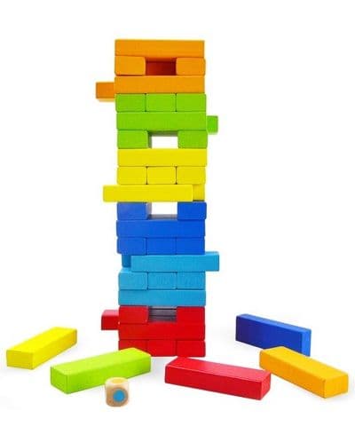 Дървена цветна игра за баланс Acool Toy - Дженга със зарче