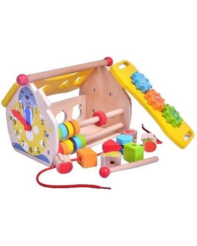 Дървена къщичка Acool Toy - С ксилофон, сортер, зъбни колела, часовник, сметало
