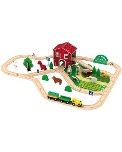 Дървено влакче с релси и ферма Acool Toy - 77 елемента