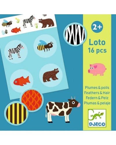 Детска игра лото Djeco - Пера и козина, 16 части