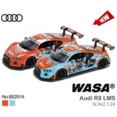 метален точен модел кола 1:24 Audi R8 LMS с дизайн на WASA с отваряеми врати преден капак и багажник при отваряне на врата или натискане на предния капак се включват фаровете и се чува звук на мотор