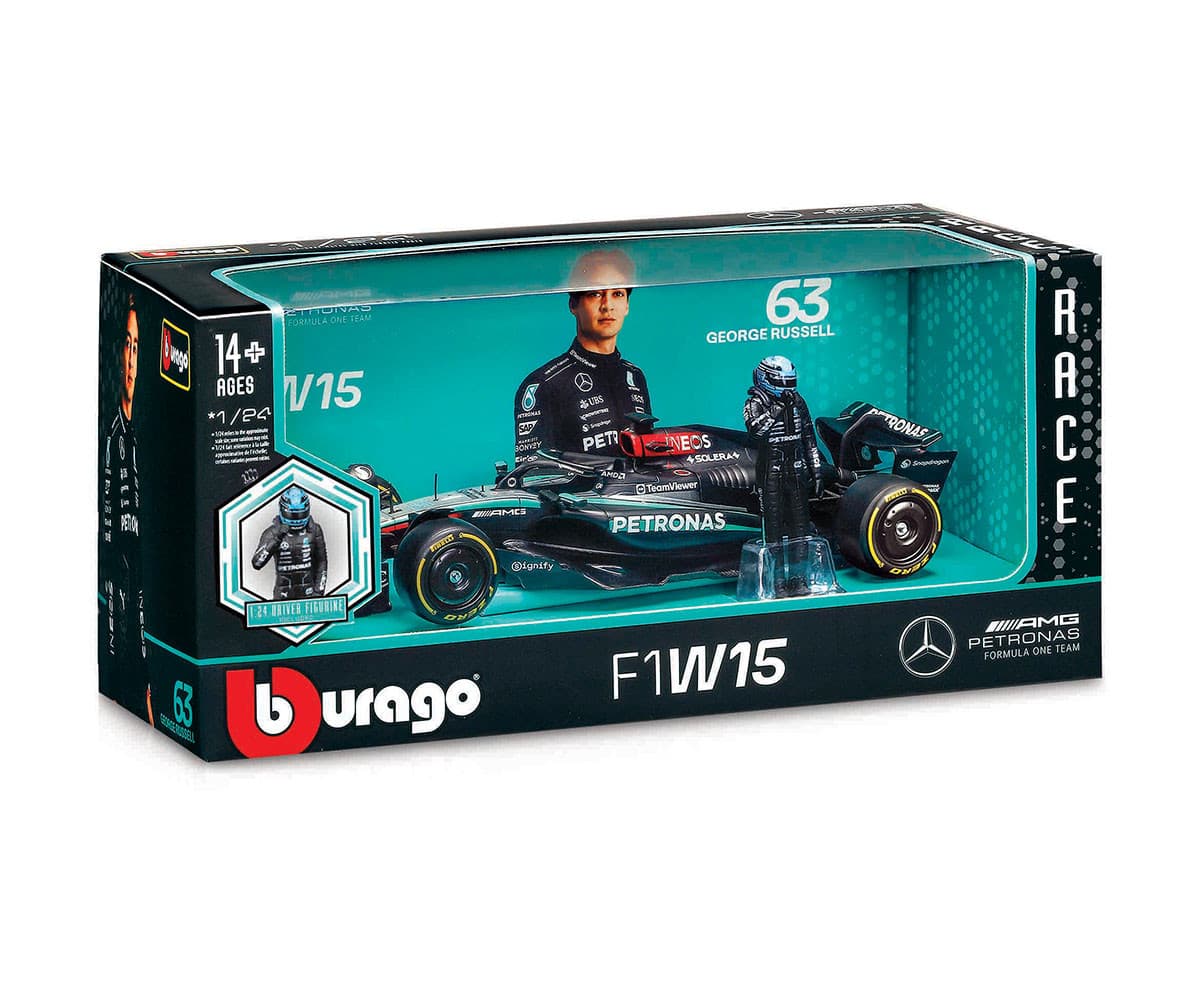 Bburago - модел на кола 1:24 - F1 Mercedes W15 с фигура на шофьор 63 George Russel