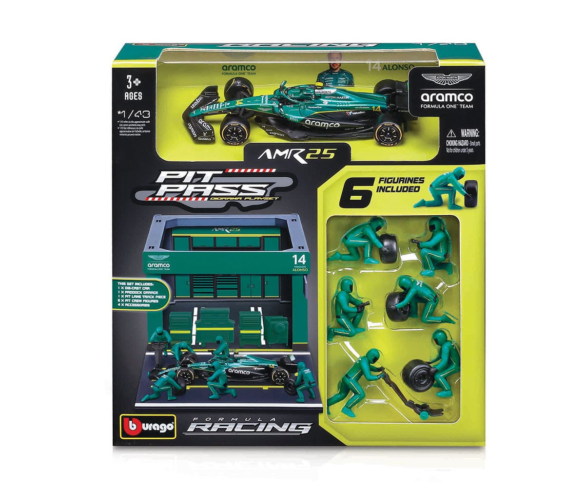 Bburago - Комплект за игра: Бокс F1 Aston Martin AMR25 (#14)