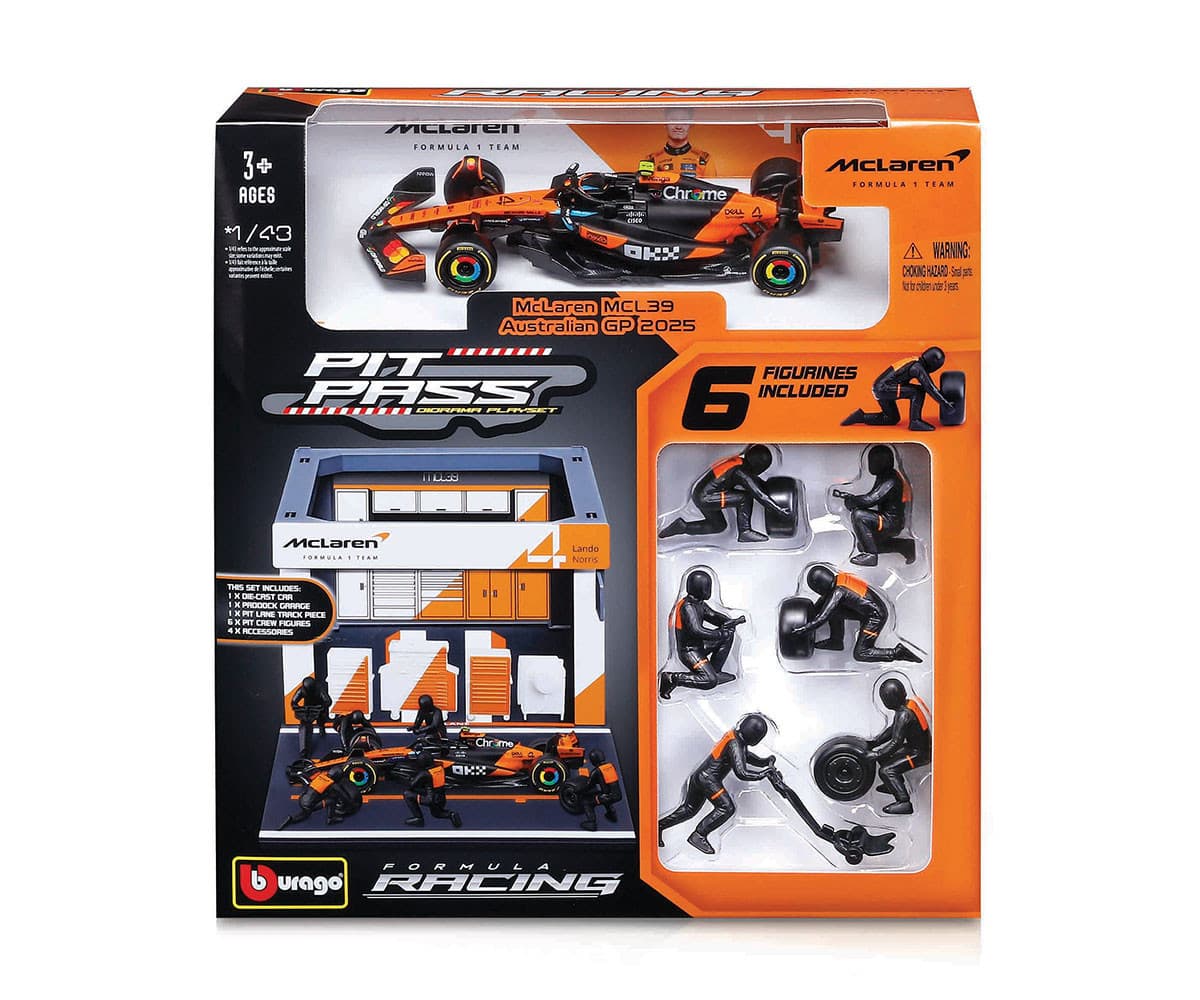 Bburago - Комплект за игра: Бокс F1 McLaren MCL39 (#4) Lando Norris