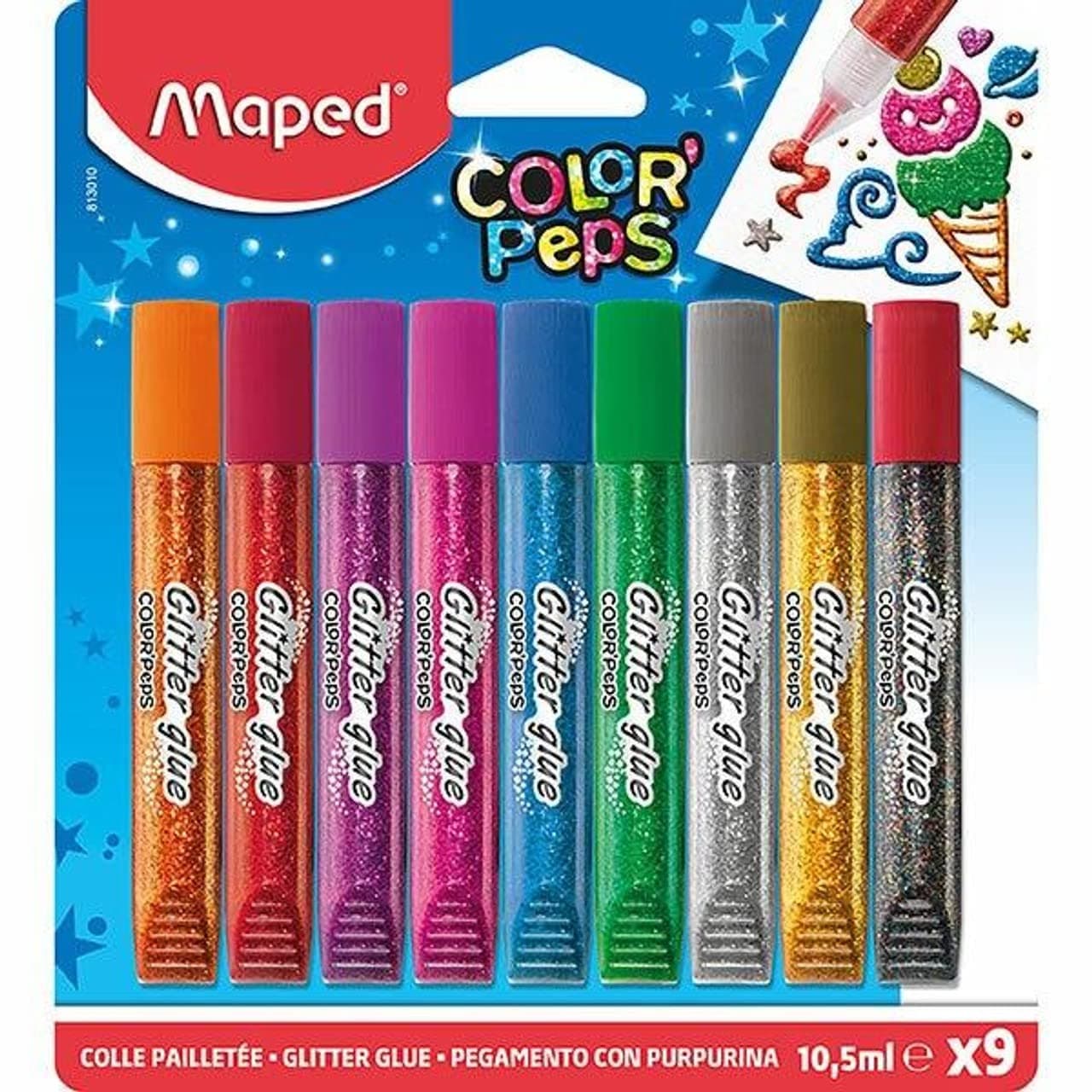 Лепило MAPED GLITTER, 9 цвята х 10.5 мл