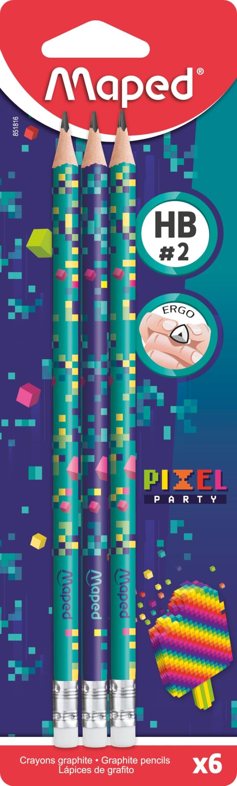 Моливи HB с гума MAPED Pixel Party, 6 броя