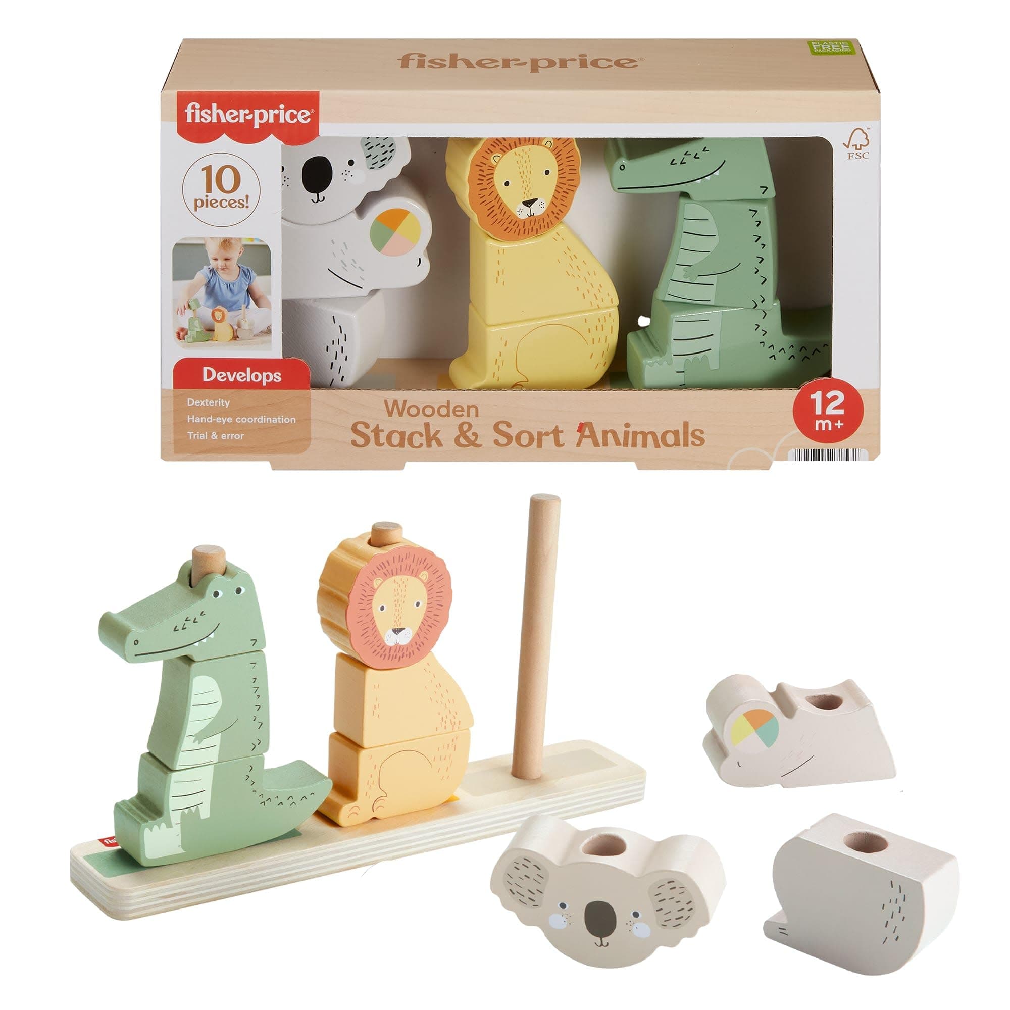 Дървени играчки Fisher Price, сортер за подреждане с животни