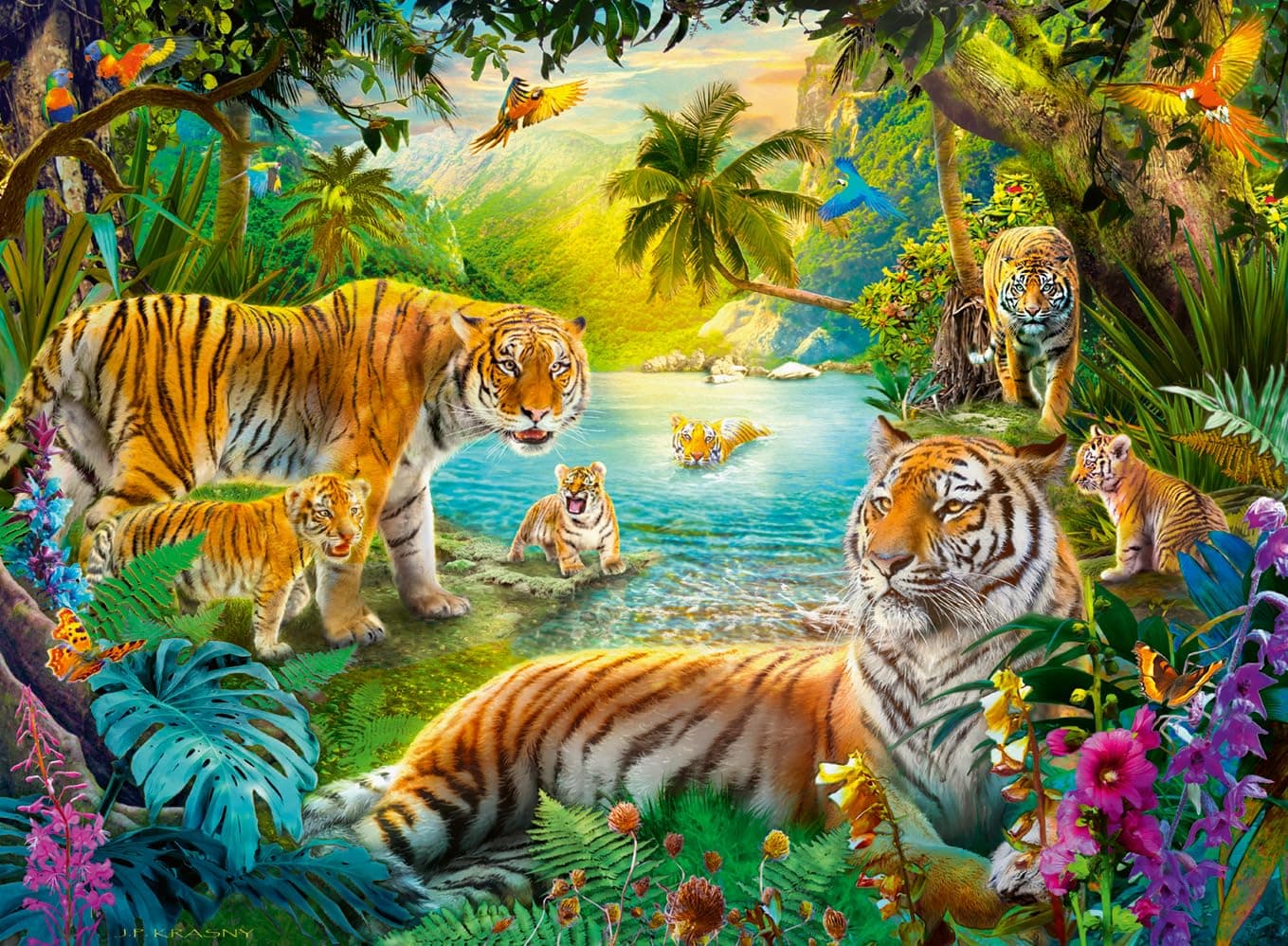 Пъзел Ravensburger 500 ел. - Семейство тигри в Оазиса