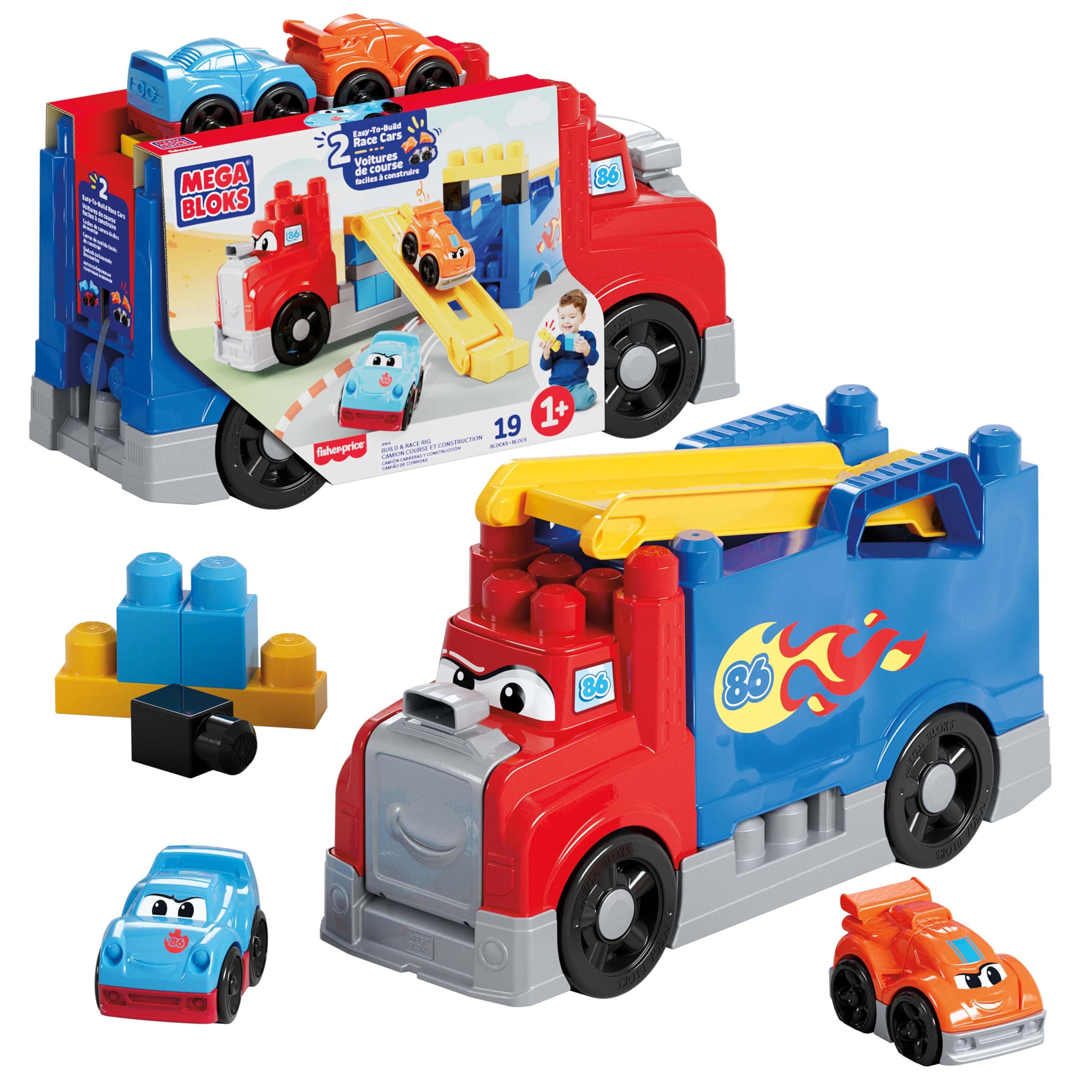 Mega Bloks - Комплект камион за бутане с писта и 2 автомобила, 19 елемента