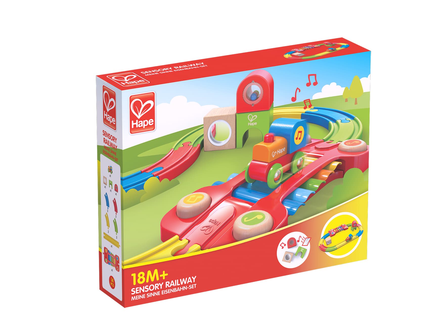 Дървен железопътен комплект, Hape, Сензорна железница, 14 части