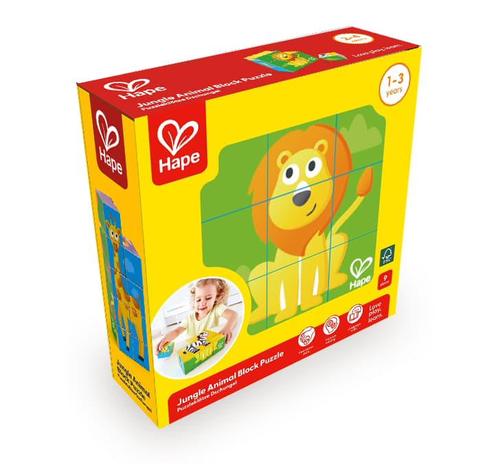 Дървен пъзел с кубчета, Hape, Джунгла, 9 части