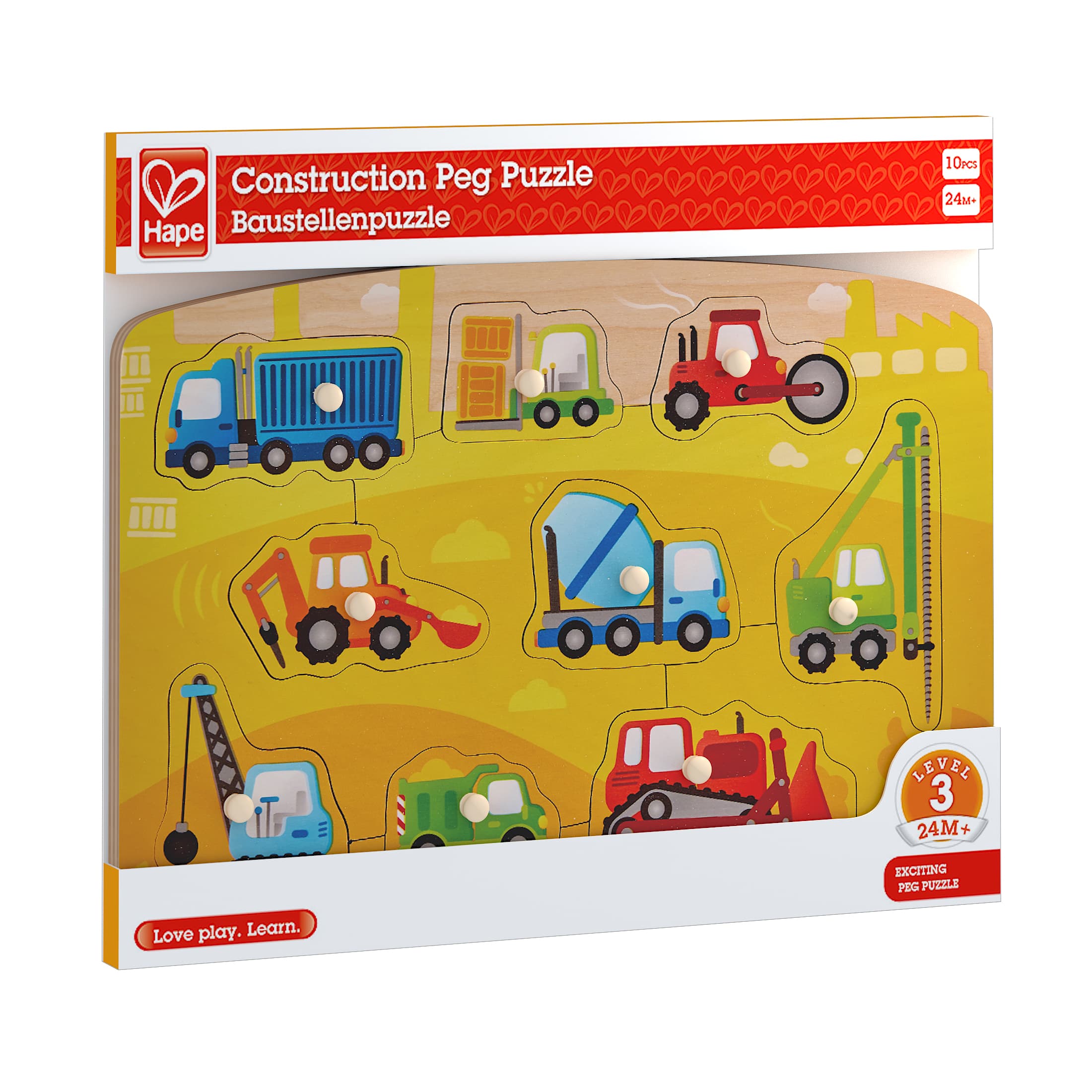 Дървен пъзел, Hape, Строителни машини, 10 части