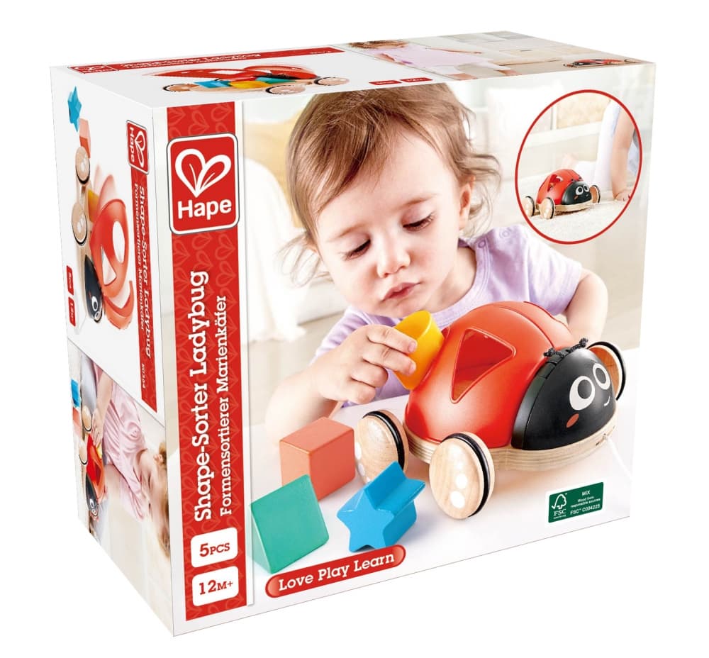 Дървена играчка за дърпане и сортиране, Hape, Калинка, 20 х 18 х 7 см