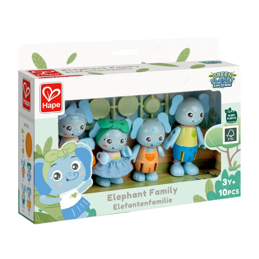 Комплект дървени фигури, Hape, Семейство слончета, 10 части