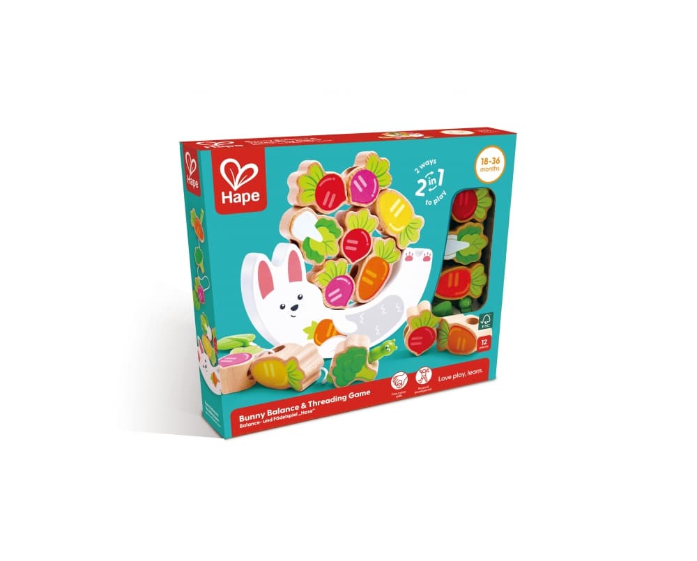 Образователна дървена играчка, Hape, Зайче, Баланс и нанизване