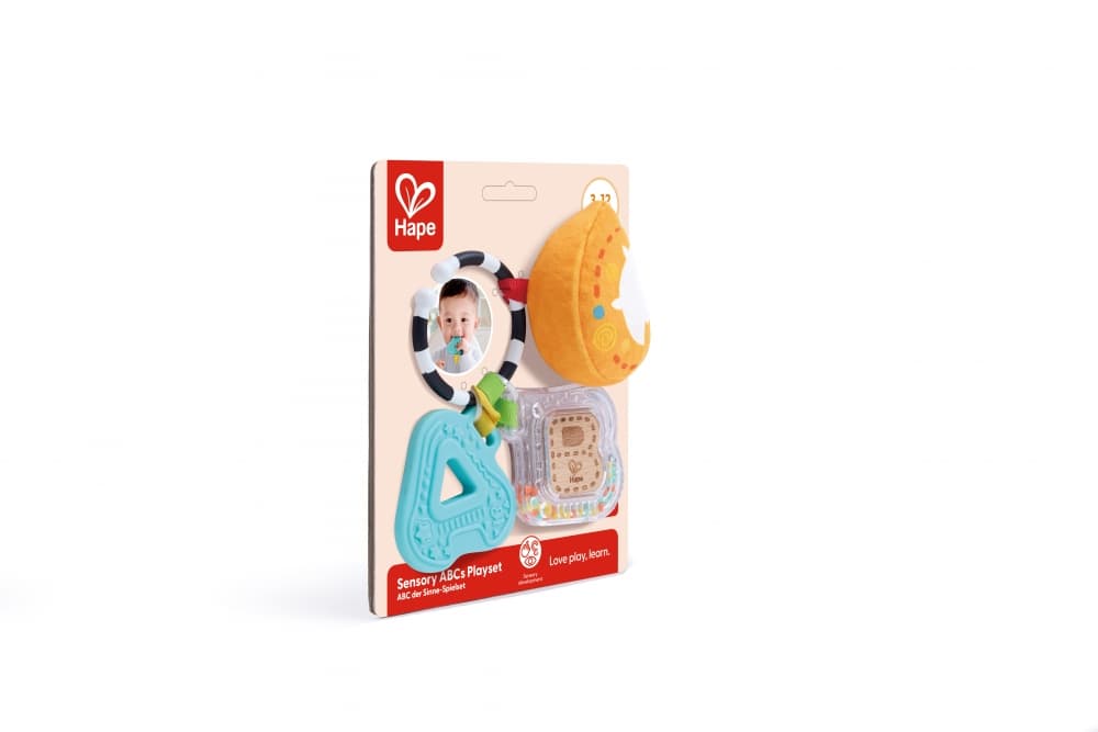 Бебешка сензорна играчка, Hape, Гризалка, дрънкалка и плюшена играчка ABC