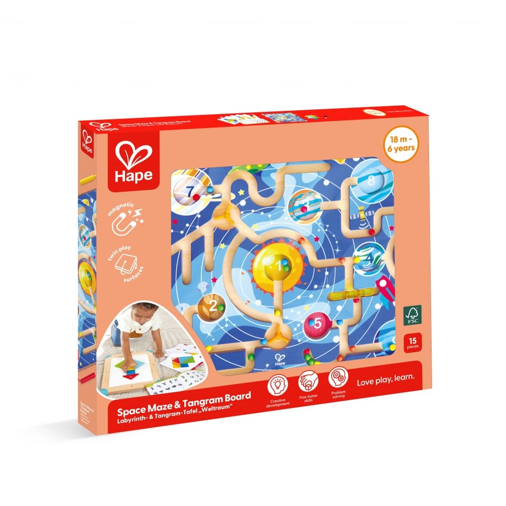 Дървен комплект за игра 2 в 1, Hape, Космически лабиринт и дъска танграм, 15 части
