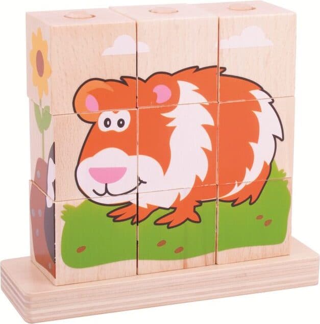 Bigjigs - Дървени кубчета за нанизване - Домашни животни