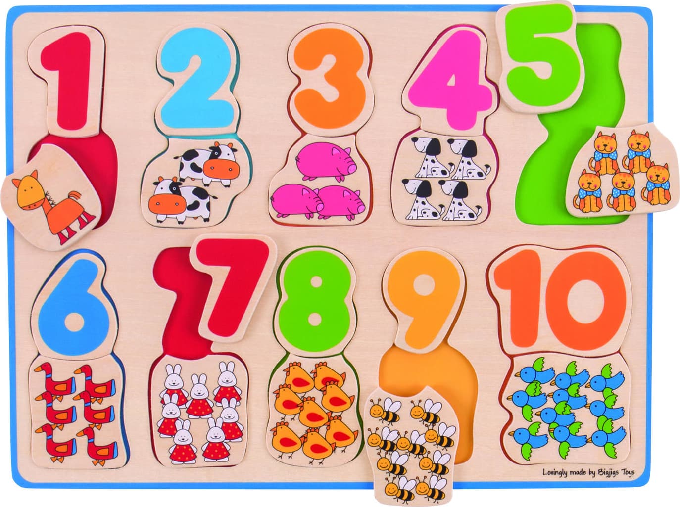 Bigjigs - Дървен пъзел с числа и животни от фермата - образователна игра