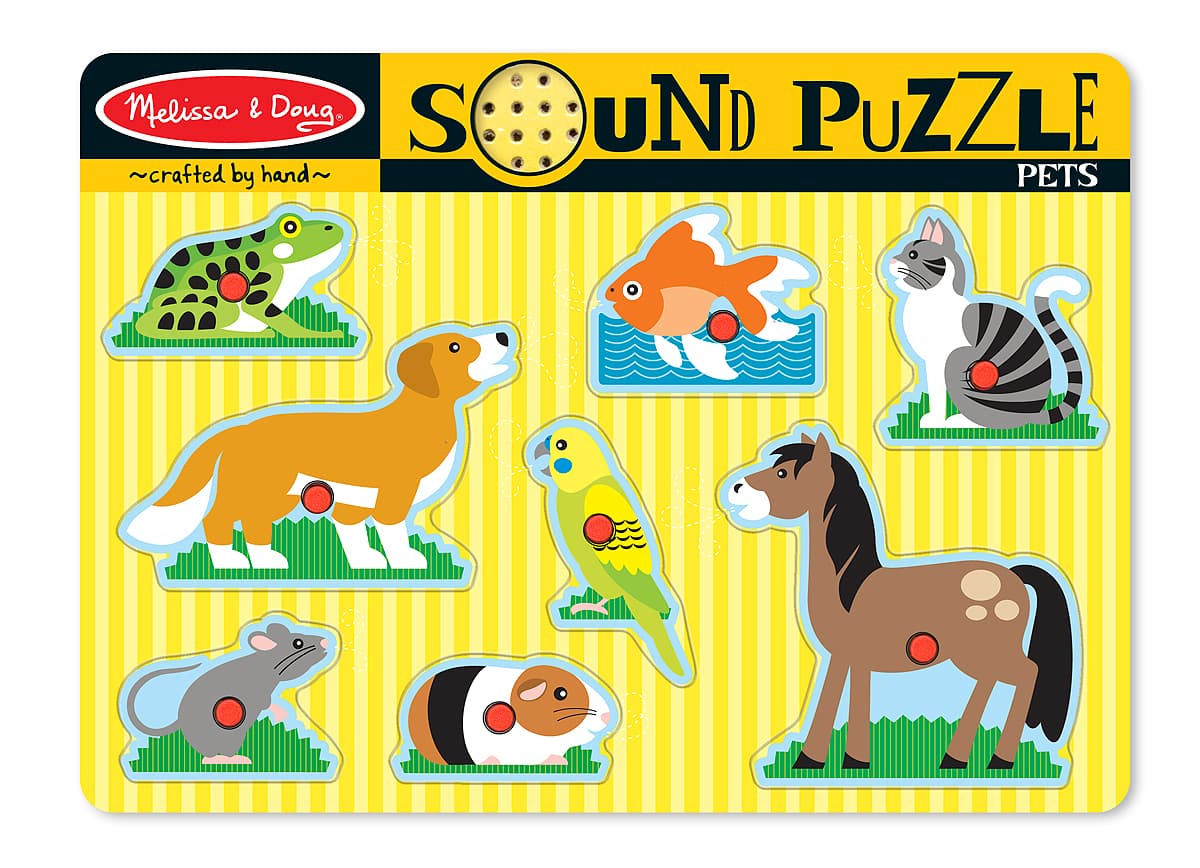 Melissa & Doug - Дървен музикален пъзел с дръжки - Домашни любимци