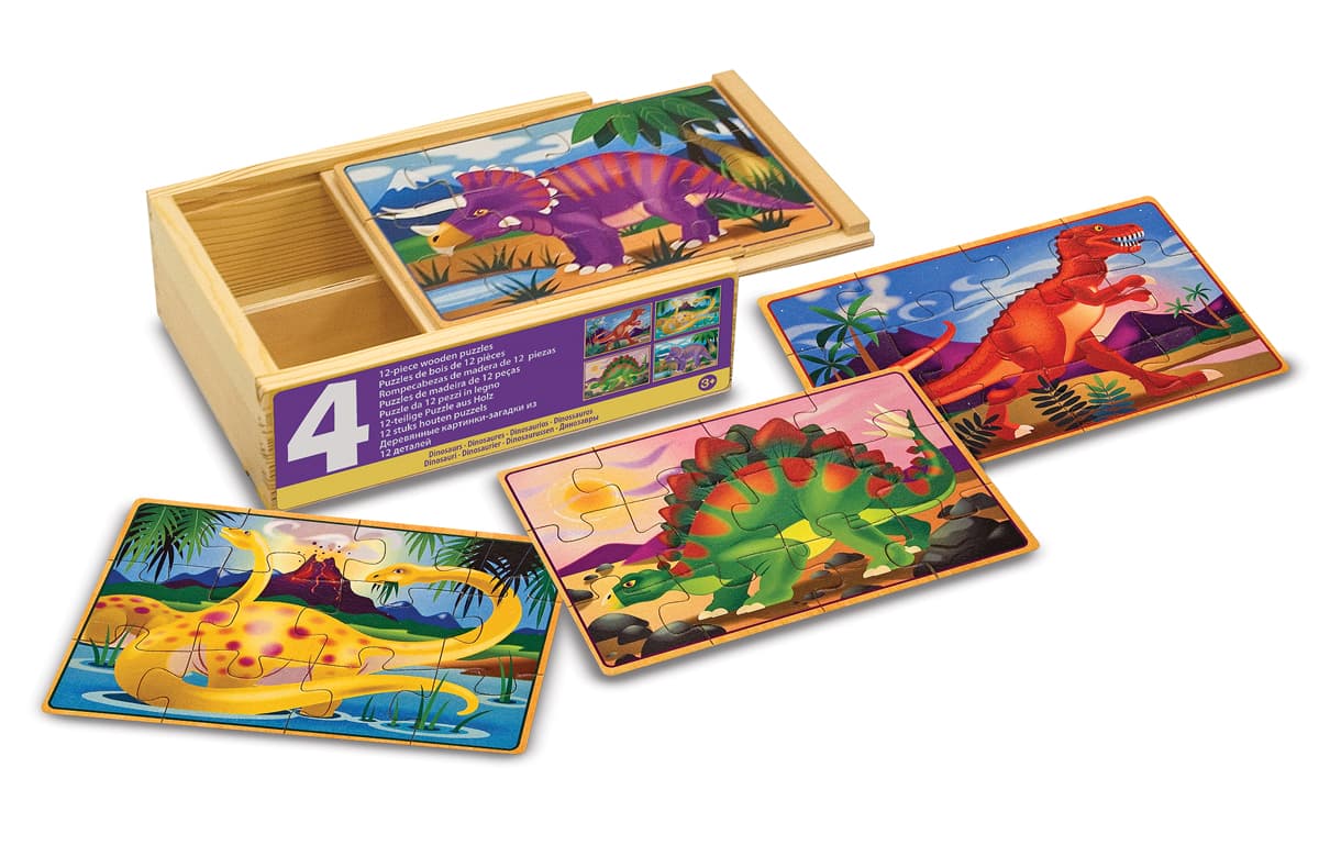 Melissa & Doug - Четири дървени пъзела в кутия - Динозаври
