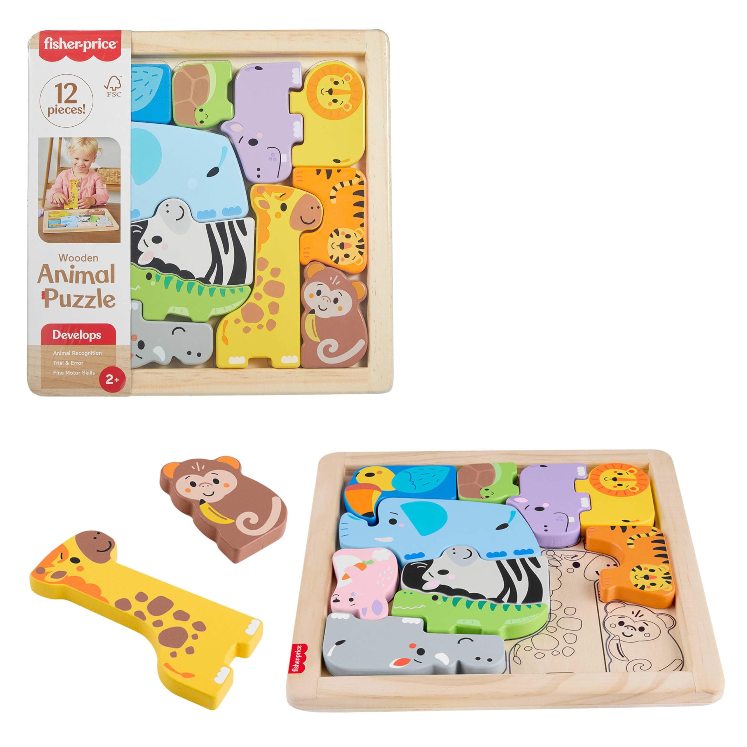 Fisher Price Дървен пъзел с животни 12ч.