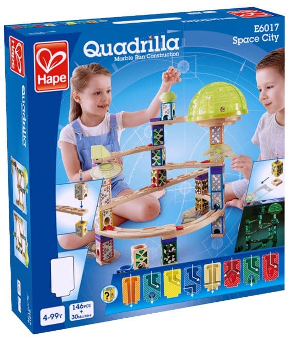 Комплект дървена писта, Hape, Quadrilla, Космически град, 146 части и 30 топчета
