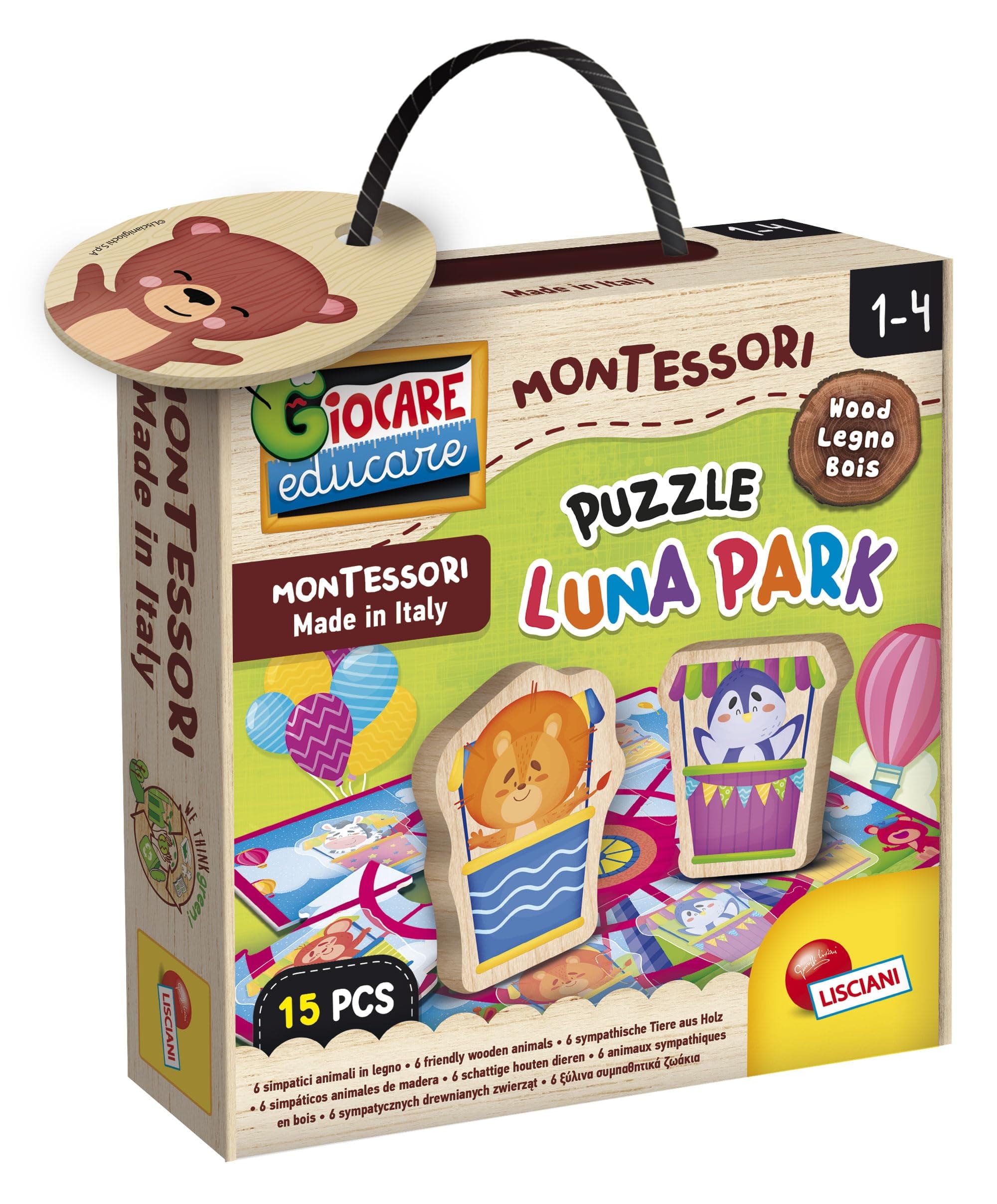 Детски дървен пъзел Lisciani Montessori Baby Luna Park, 15 части