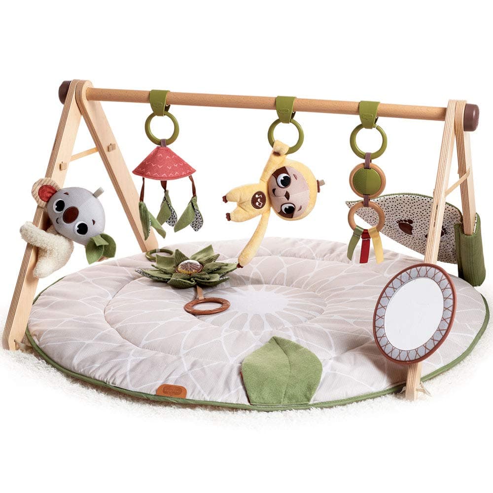 Активна гимнастика Tiny Love Boho Chic Luxe Developmental Gymini с кръгло килимче с диаметър 92 см и дървена арка с висящи играчки, 0м+
