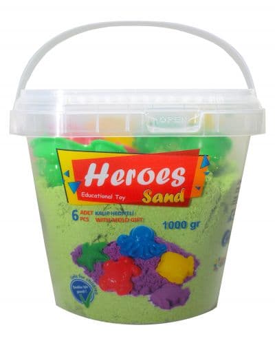 Кинетичен пясък в кофа Heroes - Зелен цвят с 6 фигурки, 1000 g.