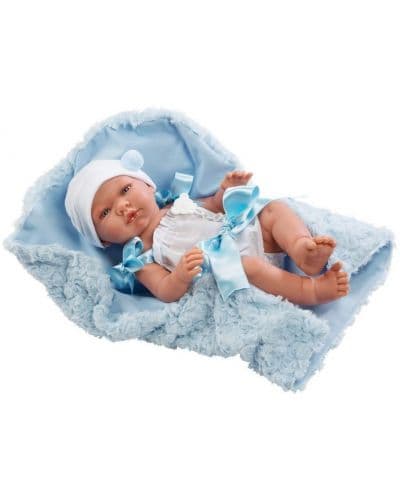 Кукла бебе Asi Dolls - Пабло, със сини панделки и одеяло, 43 cm