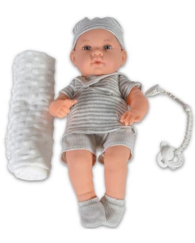 Кукла-бебе Moni Toys - Със сиви дрешки на райе и одеялце, 41 cm
