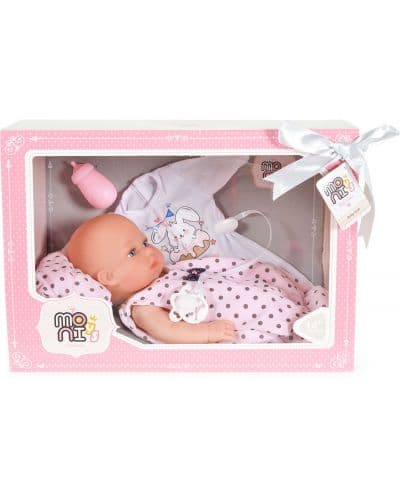 Кукла-бебе Moni Toys - С розово халатче и аксесоари, 36 cm
