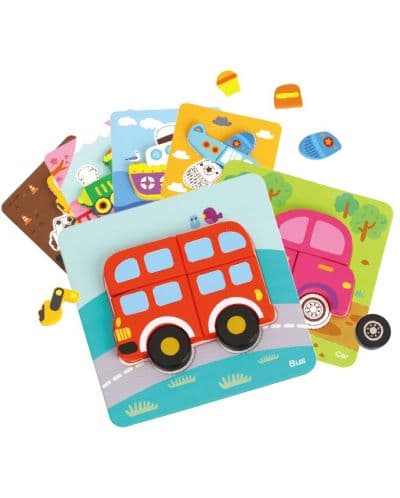 Дървен 3D пъзел Tooky Toy - Transportation, 6в1