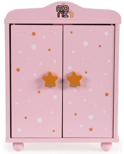 Дървен гардероб за кукли Moni Toys - С 3 закачалки, розов