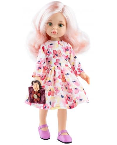 Кукла Paola Reina Amigas - Роса, с розова коса, рокля на цветя и чанта, 32 cm