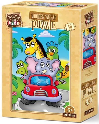 Дървен пъзел Art Puzzle от 16 части - Слончето шофьор