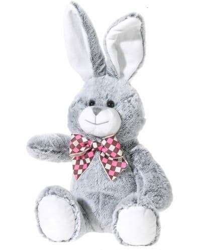 Плюшена играчка Heunec - Зайче с карирана панделка, сиво, 30 cm