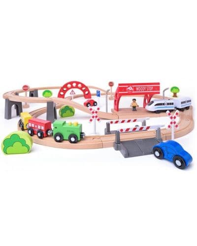 Игрален комплект Woody - Релси, виадукт и електрически локомотив